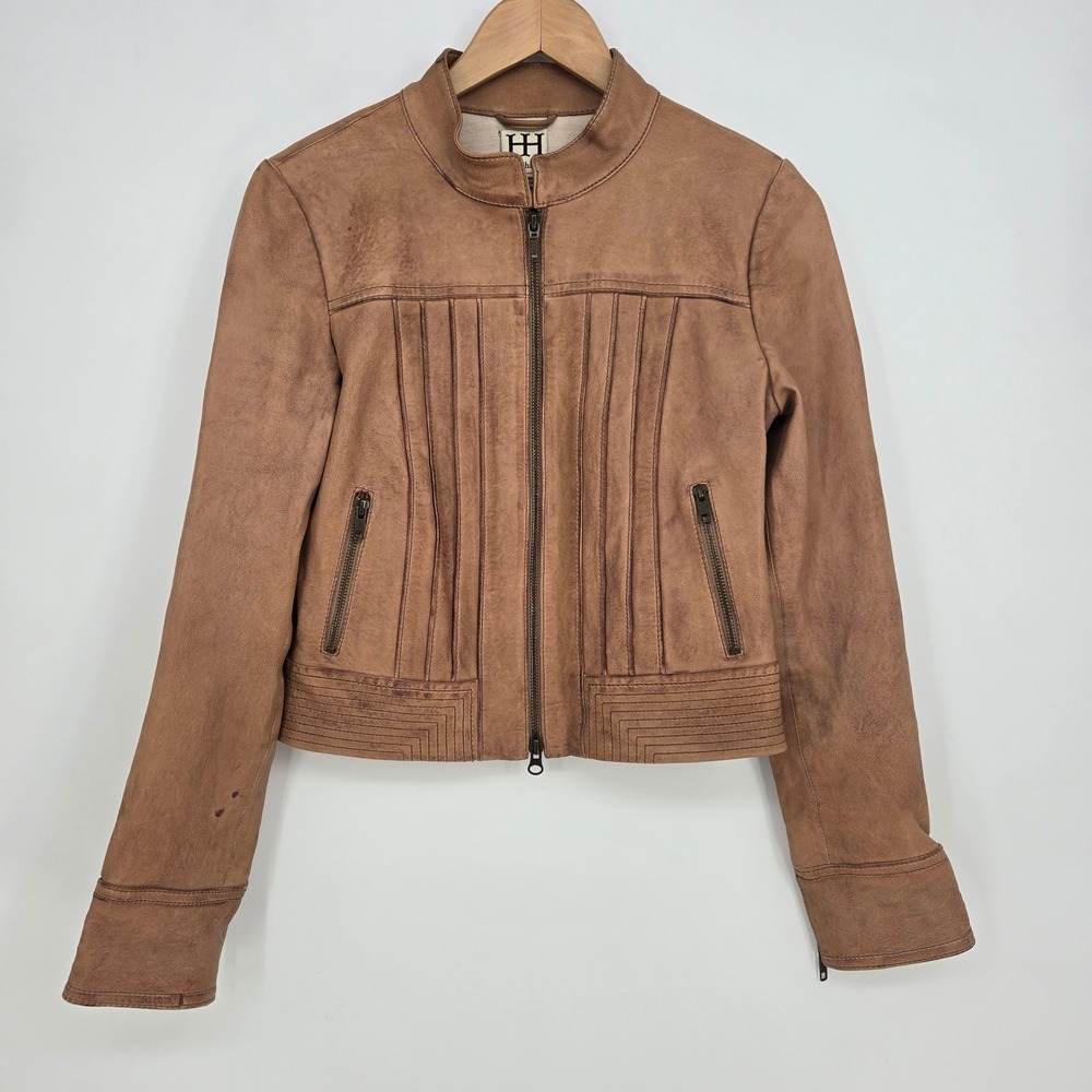 Haute Hippie Real Lambskin Leather Jacket Brown Pleated Biker Chic Boho Womens S